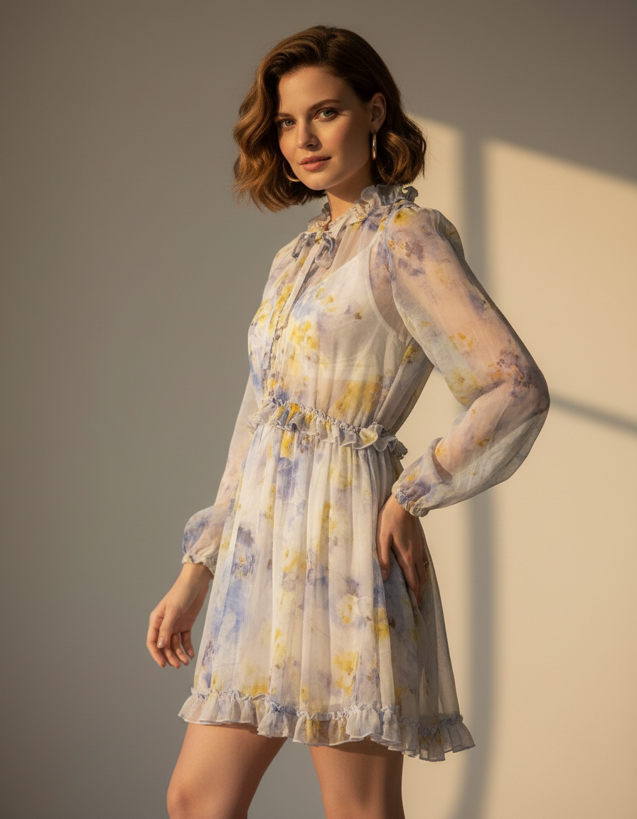 Watercolor  Ruffled Mini Dress