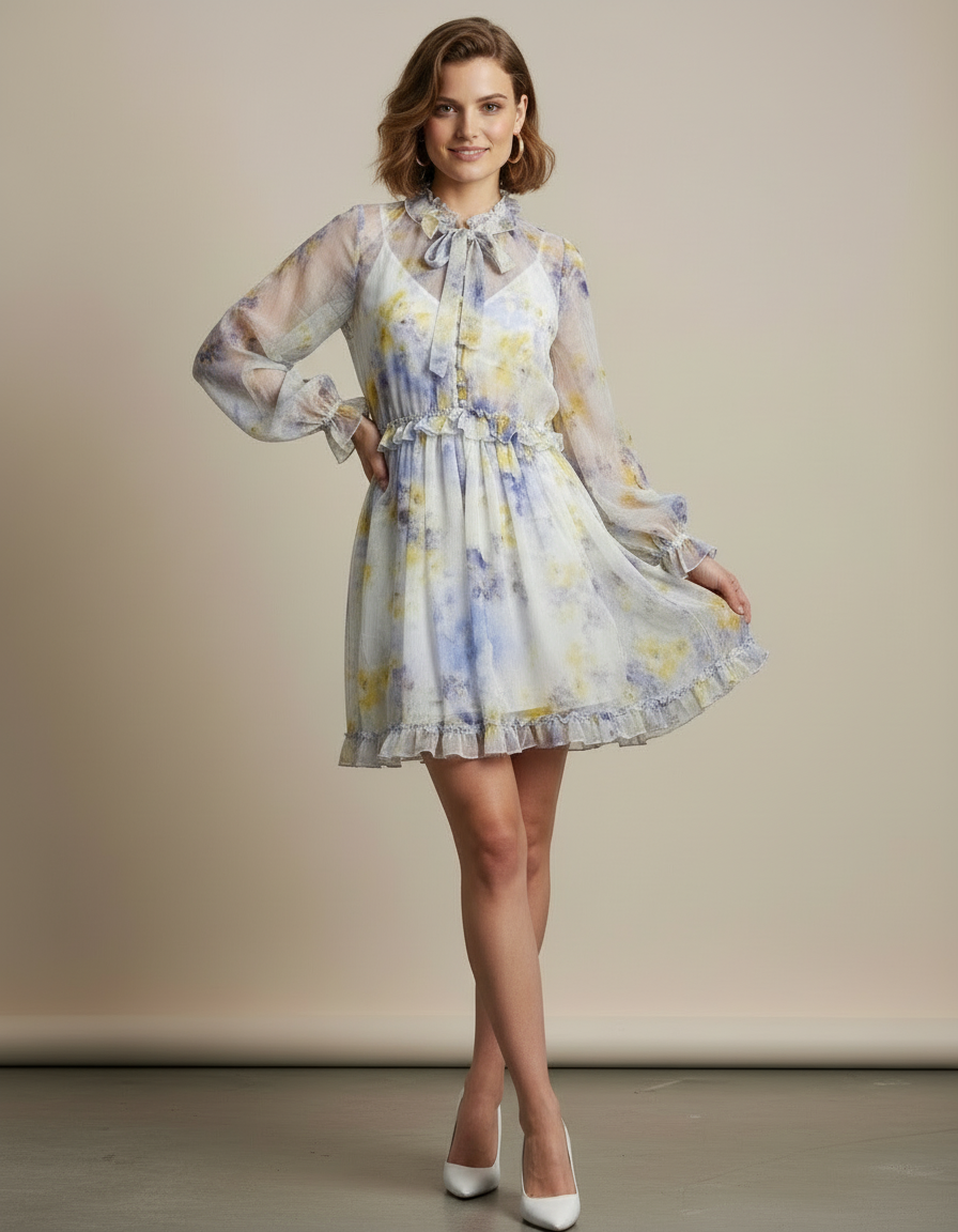 Watercolor  Ruffled Mini Dress
