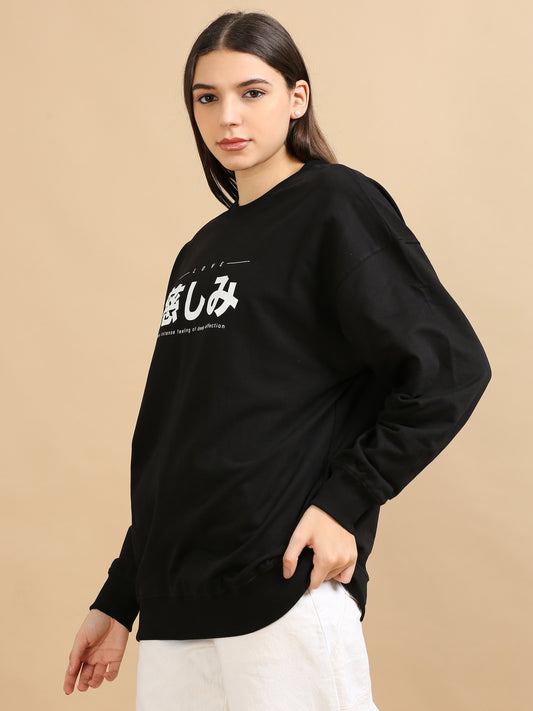 Women's Black Graphic Print Oversized Sweatshirt