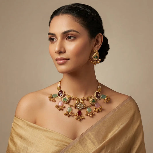 Multicolor Kundan Pearl Antique Choker Necklace Set For Women