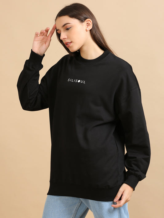 Women's Black Graphic Print Oversized Sweatshirt