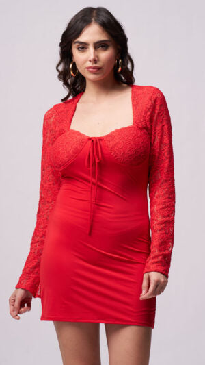 Lacey Bodycon Red Devil Mini , Detail Lace Long Sleev Mini Dress