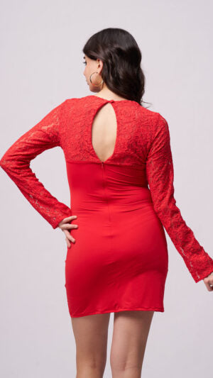 Lacey Bodycon Red Devil Mini , Detail Lace Long Sleev Mini Dress
