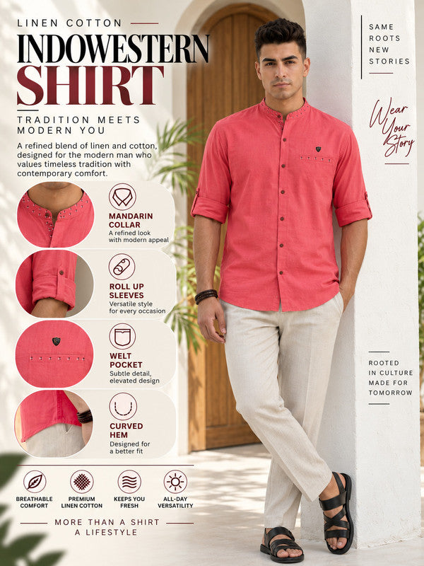 Kuons Avenue Men's Linen Cotton Indowestern Shirt - Salmon Pink