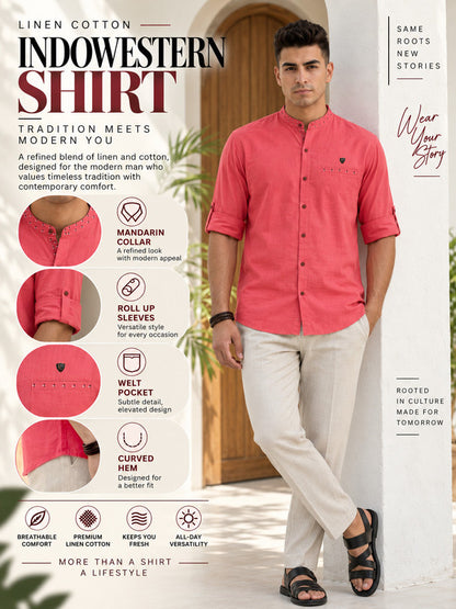 Kuons Avenue Men's Linen Cotton Indowestern Shirt - Salmon Pink