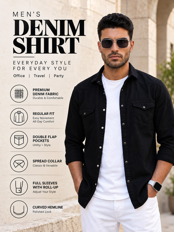 Kuons Avenue Men's Jet Black Denim Casual Shirt