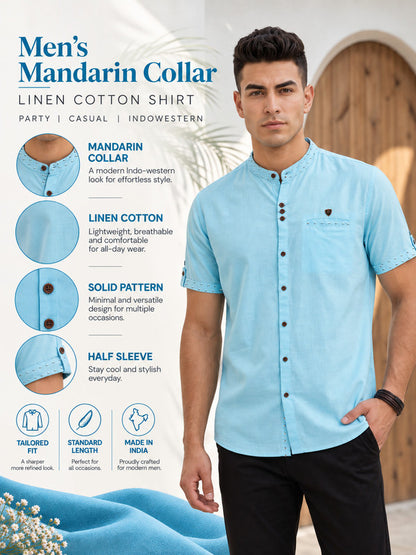 Kuons Avenue Men’s Turquoise Linen Cotton Indo-Western Casual Shirt