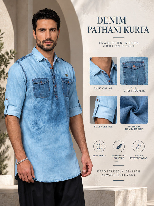 Kuons Avenue Men's Blue Cloud Denim Pathani Kurta