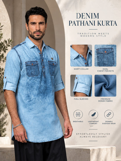 Kuons Avenue Men's Blue Cloud Denim Pathani Kurta