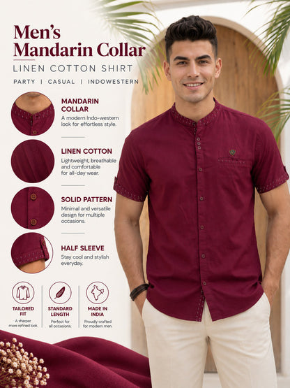 Kuons Avenue Men’s Maroon Linen Cotton Indo-Western Casual Shirt