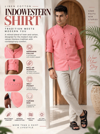 Kuons Avenue Men's Linen Cotton Indowestern Shirt - Rose Pink