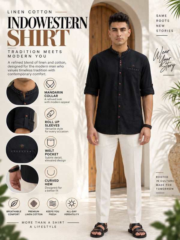 Kuons Avenue Men's Linen Cotton Indowestern Shirt - Black