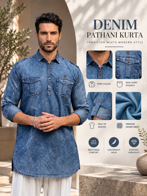 Kuons Avenue Men's Cloud Black Denim Pathani Kurta
