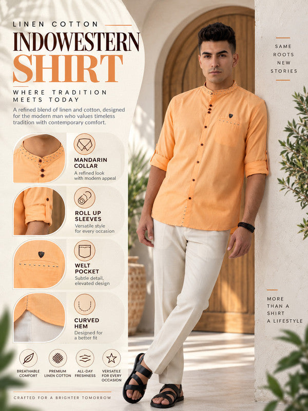 Kuons Avenue Men's Linen Cotton Indowestern Shirt - Peach