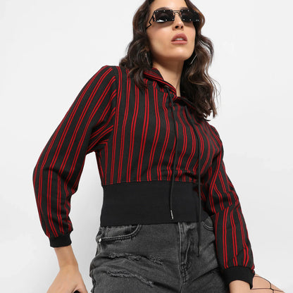 Red & Black Double Striped Hoodie With Ribbed Hem