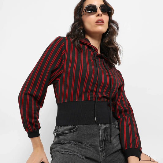 Red & Black Double Striped Hoodie With Ribbed Hem