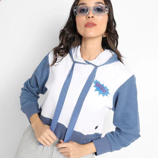 Blue & White Wow! Colourblocked Cropped Hoodie