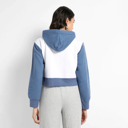 Blue & White Wow! Colourblocked Cropped Hoodie