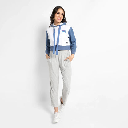 Blue & White Wow! Colourblocked Cropped Hoodie
