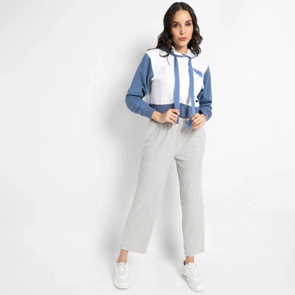 Blue & White Wow! Colourblocked Cropped Hoodie
