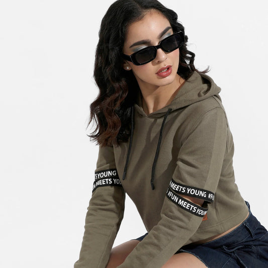 Olive Green Pullover Hoodie With Cut-Out Sleeves