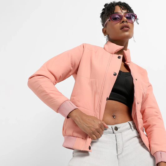 Pink Puffer Jacket With Ribbed Hem