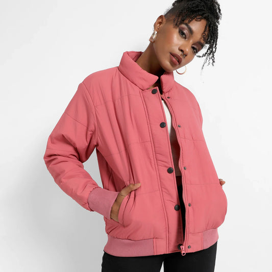 Blush Pink Puffer Jacket With Ribbed Hem
