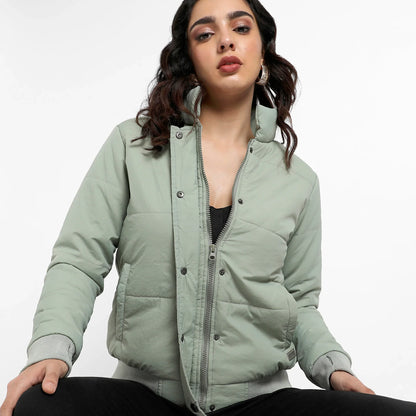 Sage Green Quilted Bomber Jacket With Ribbed Hem