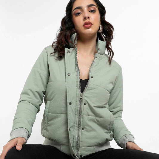 Sage Green Quilted Bomber Jacket With Ribbed Hem