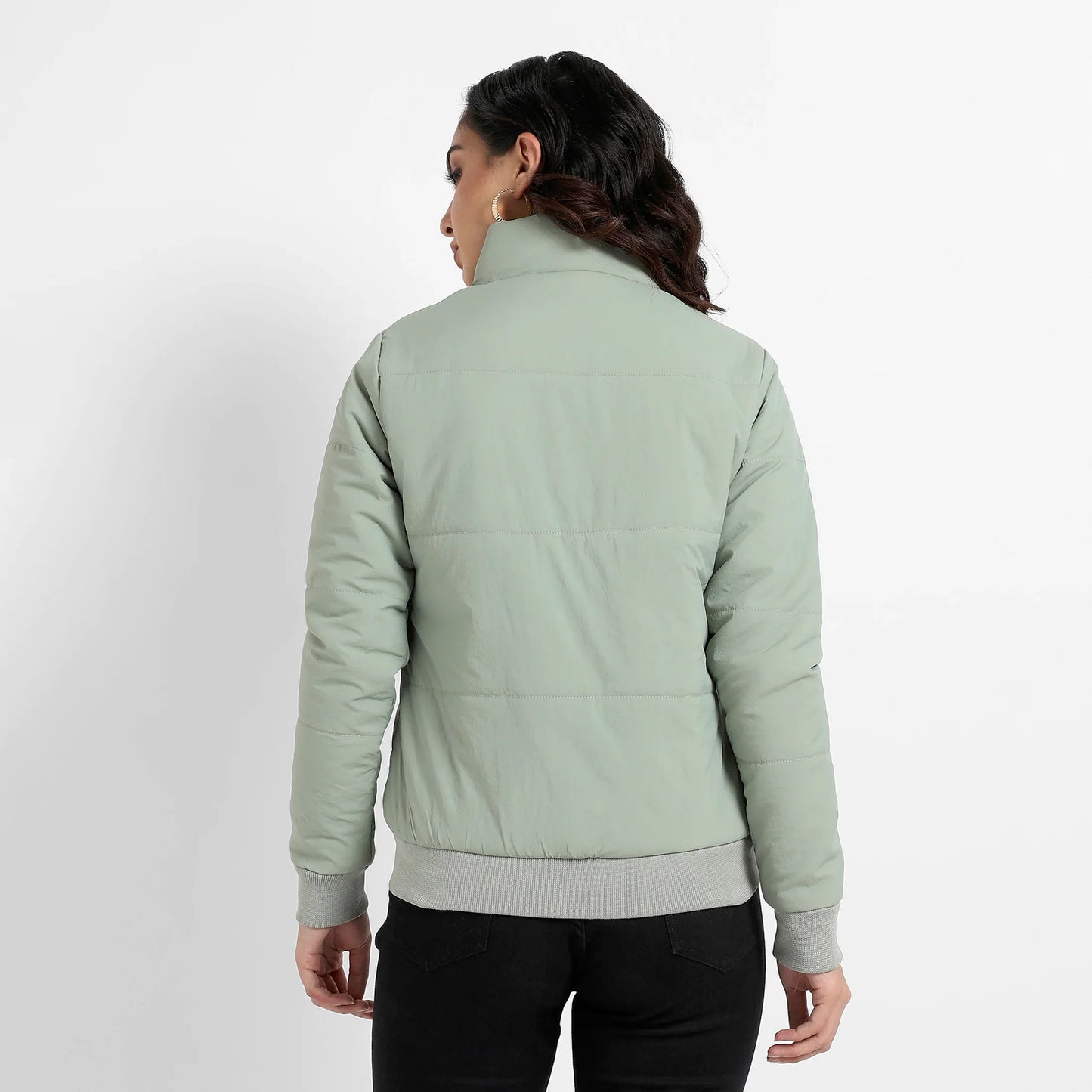 Sage Green Quilted Bomber Jacket With Ribbed Hem