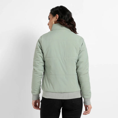 Sage Green Quilted Bomber Jacket With Ribbed Hem