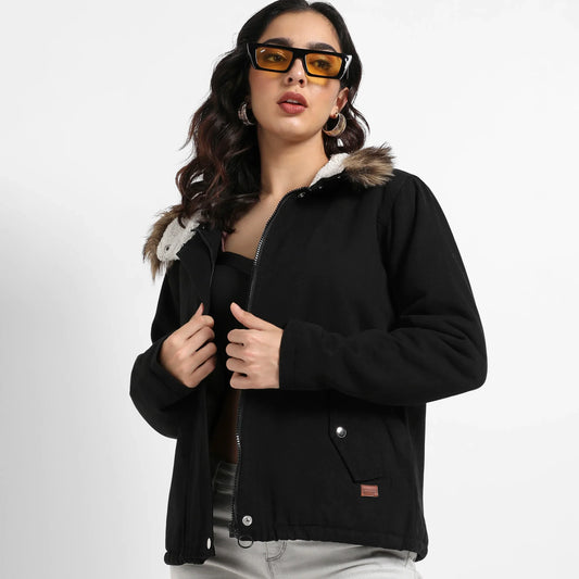 Black Zip-Front Jacket With Fur Details