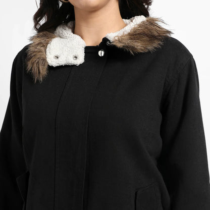 Black Zip-Front Jacket With Fur Details