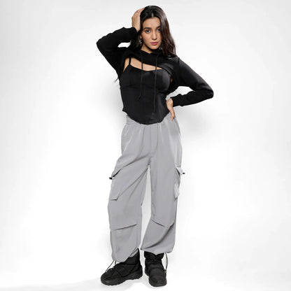 Carbon Black Corset Top With Ultra Cropped Hoodie