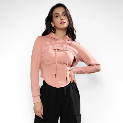 Nude Pink Corset Top With Ultra Cropped Hoodie