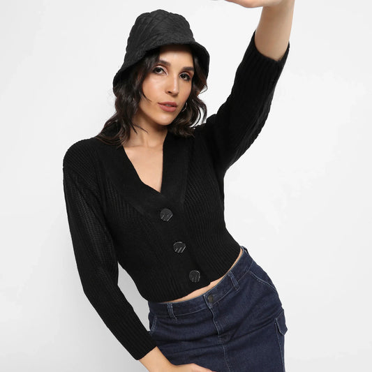 Black Solid Ribbed Cropped Cardigan