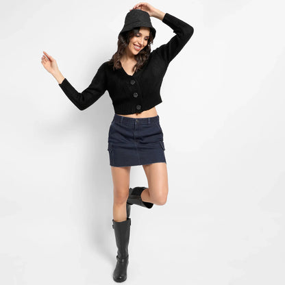 Black Solid Ribbed Cropped Cardigan