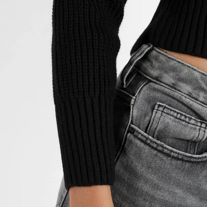 Black Solid Ribbed Cropped Cardigan