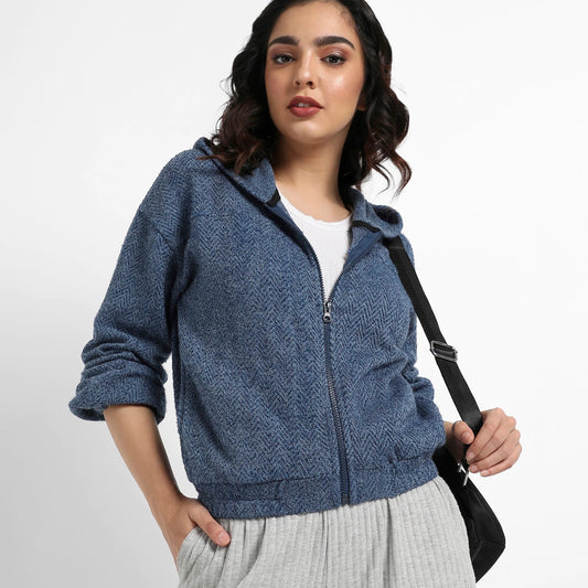 Prussian Blue Zip-Front Chevron Hoodie With Elasticated Hem