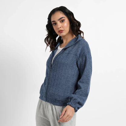 Prussian Blue Zip-Front Chevron Hoodie With Elasticated Hem