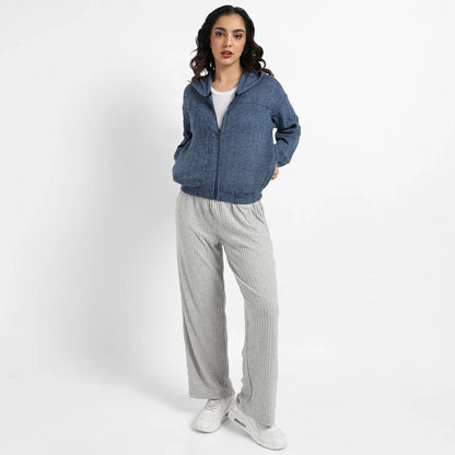 Prussian Blue Zip-Front Chevron Hoodie With Elasticated Hem