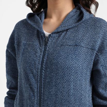 Prussian Blue Zip-Front Chevron Hoodie With Elasticated Hem