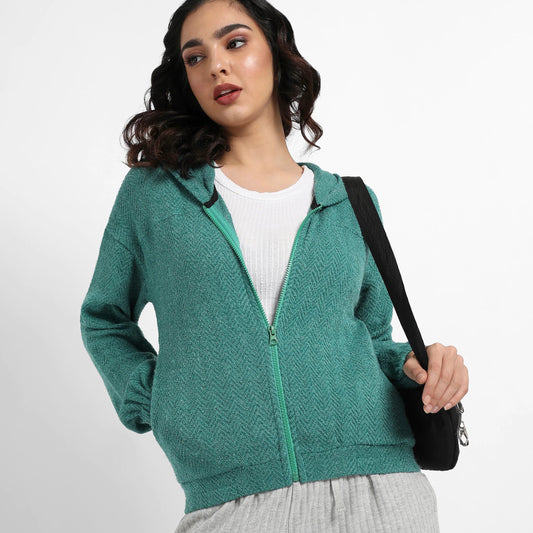 Teal Green Zip-Front Chevron Hoodie With Elasticated Hem