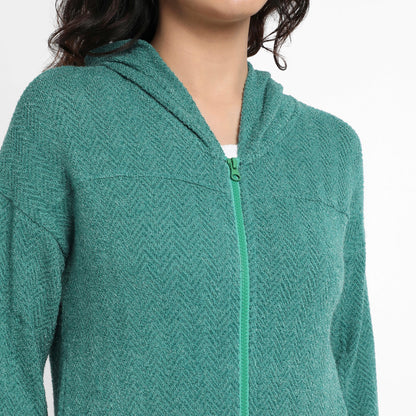 Teal Green Zip-Front Chevron Hoodie With Elasticated Hem