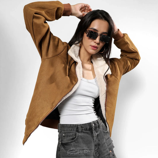 Brown Zip-Front Jacket With Fleece Detail