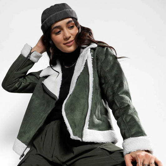 Seaweed Green Fleece Lined Biker Jacket