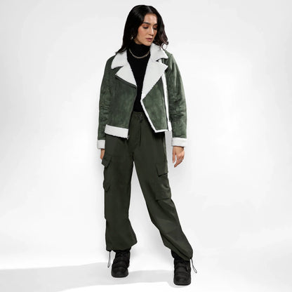 Seaweed Green Fleece Lined Biker Jacket
