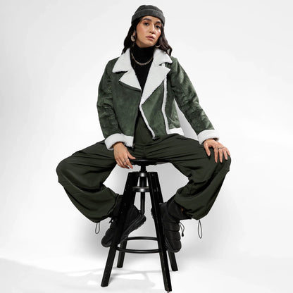 Seaweed Green Fleece Lined Biker Jacket