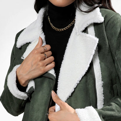 Seaweed Green Fleece Lined Biker Jacket