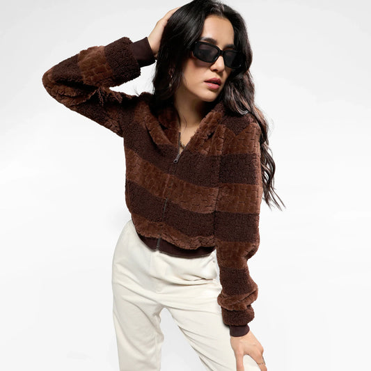 Chocolate Brown Fleece Horizontal Striped Jacket
